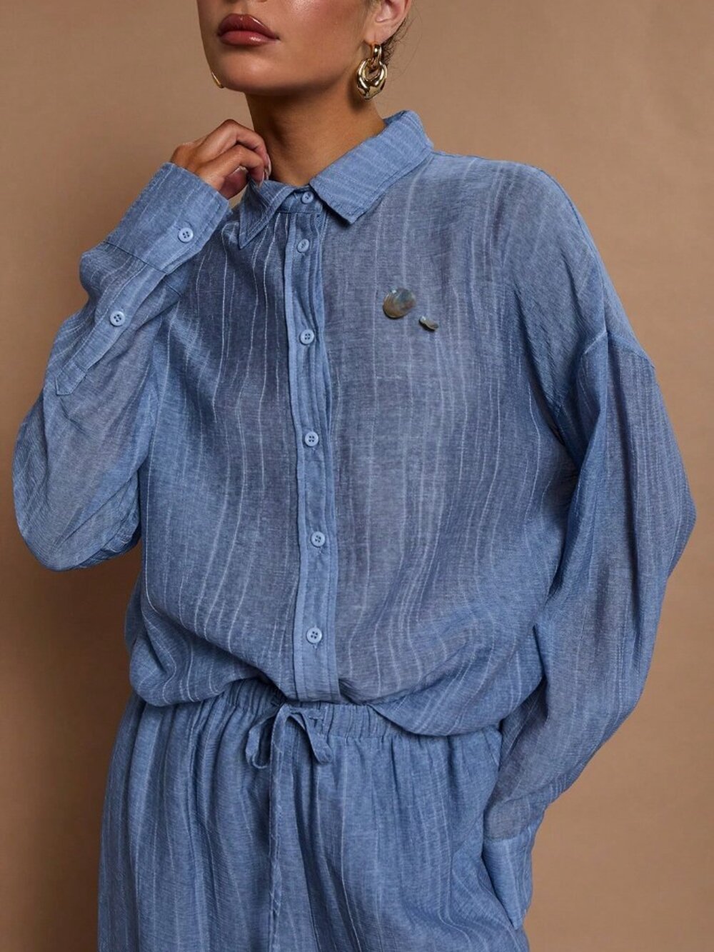 Baby Blue Casual Women's Long Sleeve Blouse - Picture 5 of 8